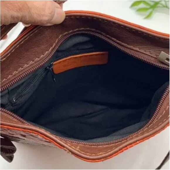 Vera Pelle Genuine Leather with Embossed Detail Crossbody Orange and Brown Color - Picture 8 of 10